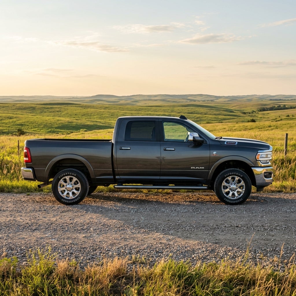 Profile view of a dark grey Ram heavy-duty pickup truck parked on a gravel road in rolling green hills. (Representative image for illustration purposes only. Actual vehicle may vary based on trim and configuration.)