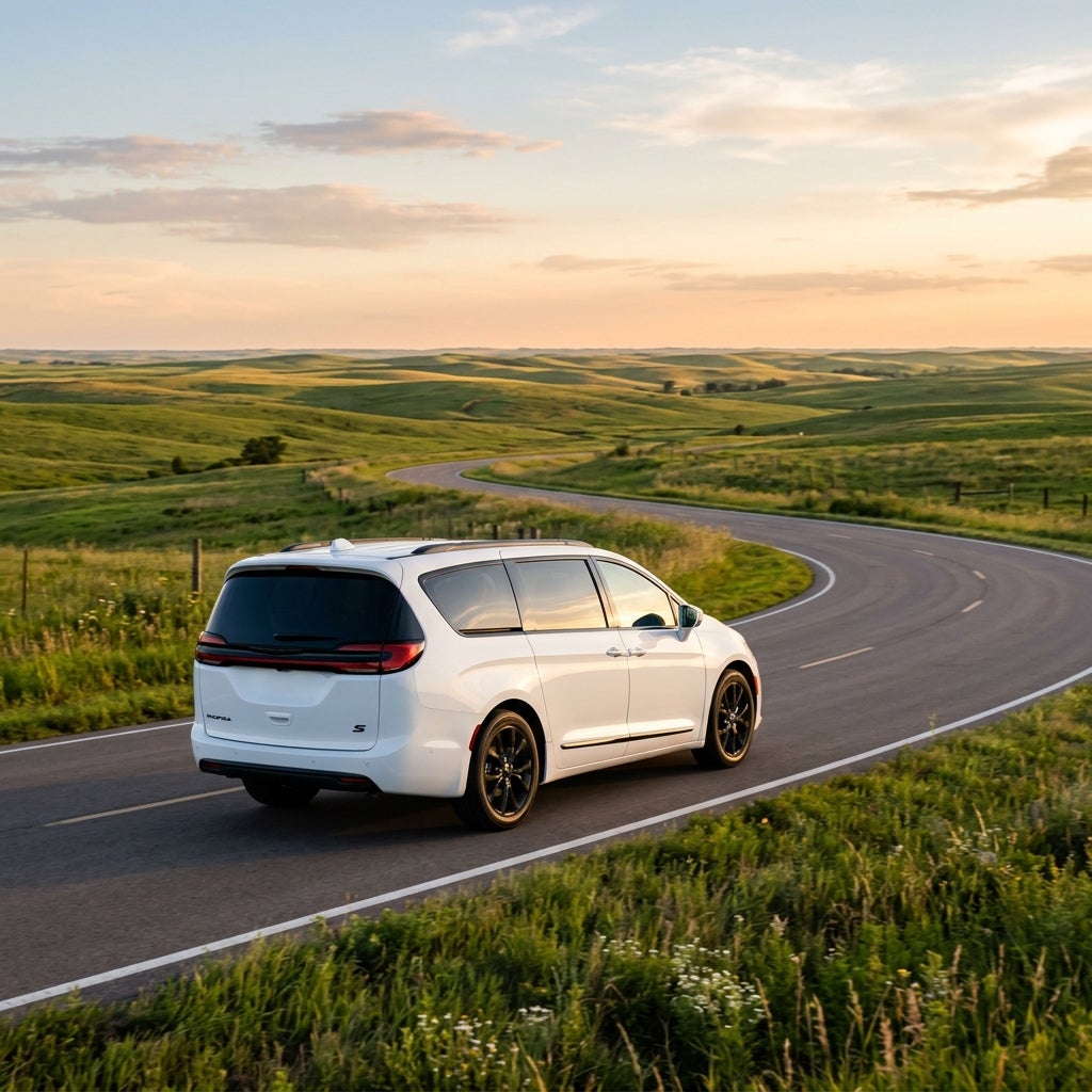 White minivan driving on a winding asphalt road through rolling green hills at sunset. (Representative image for illustration purposes only. Actual vehicle may vary based on trim and configuration.)