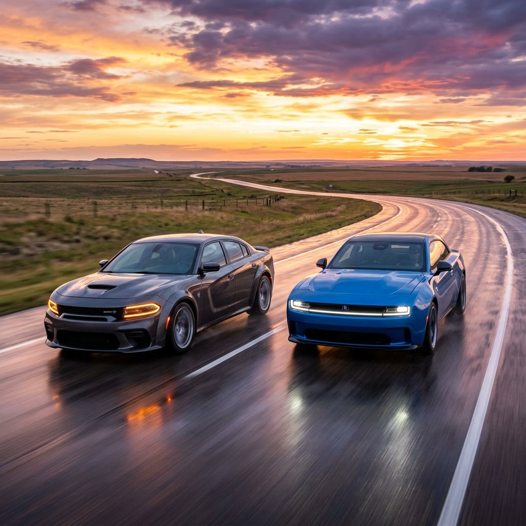 A grey Dodge Charger and a blue next-generation Charger driving side-by-side on a wet winding road at sunset. (Representative image for illustration purposes only. Actual vehicle may vary based on trim and configuration.)