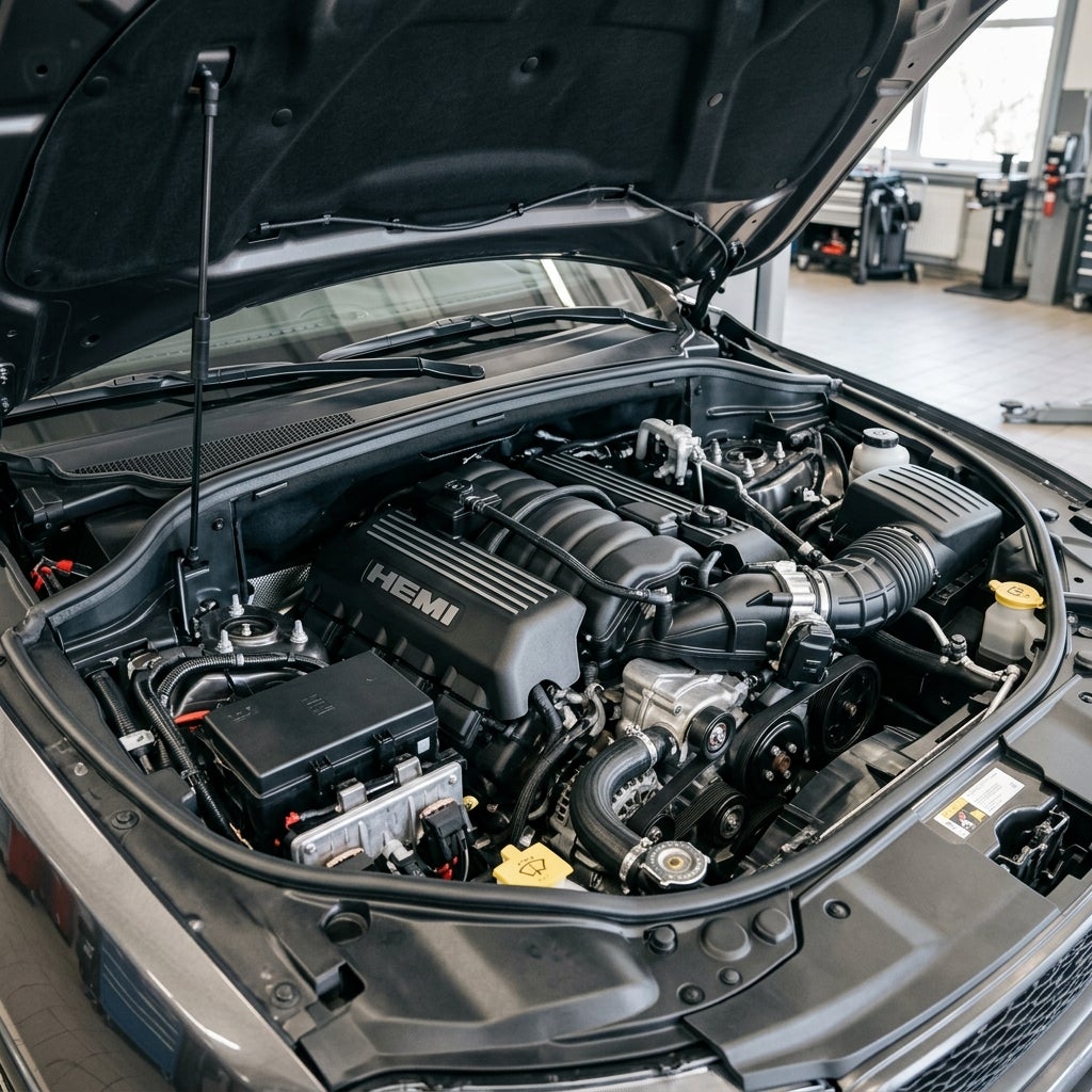 Open hood showing a clean, detailed HEMI V8 engine inside a modern vehicle. (Representative image for illustration purposes only. Actual vehicle may vary based on trim and configuration.)