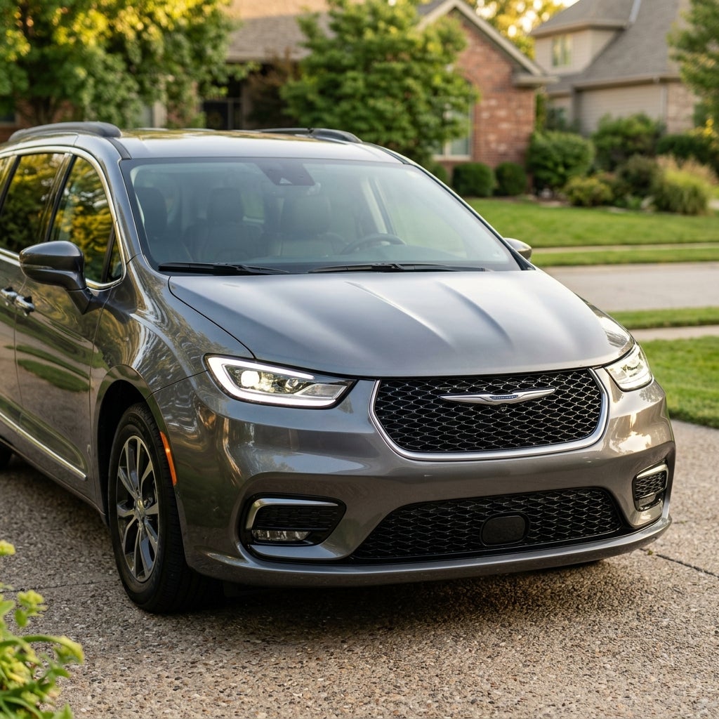 Dark grey Chrysler Pacifica minivan parked on a concrete driveway in a suburban neighborhood during golden hour. (Representative image for illustration purposes only. Actual vehicle may vary based on trim and configuration.)