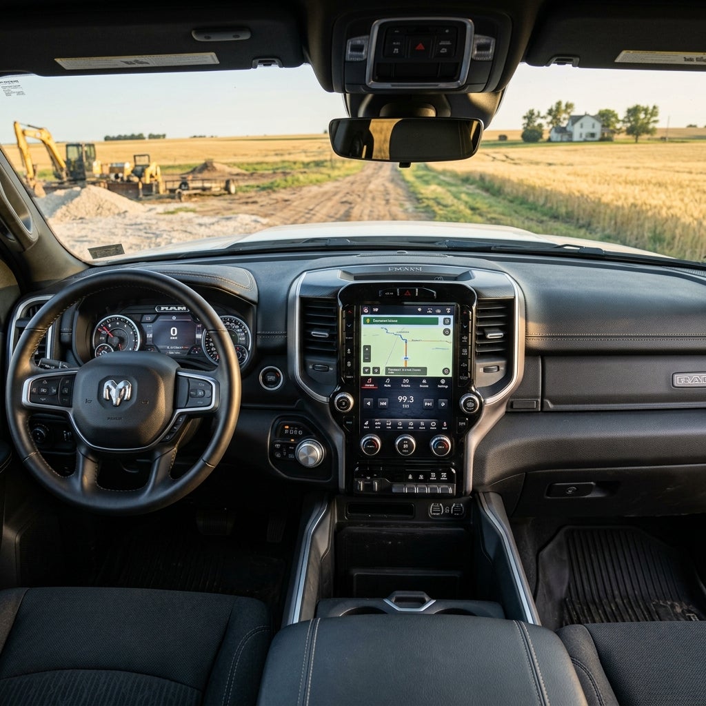 View from inside a Ram truck looking out at a rural dirt road through a field with construction equipment. (Representative image for illustration purposes only. Actual vehicle may vary based on trim and configuration.)