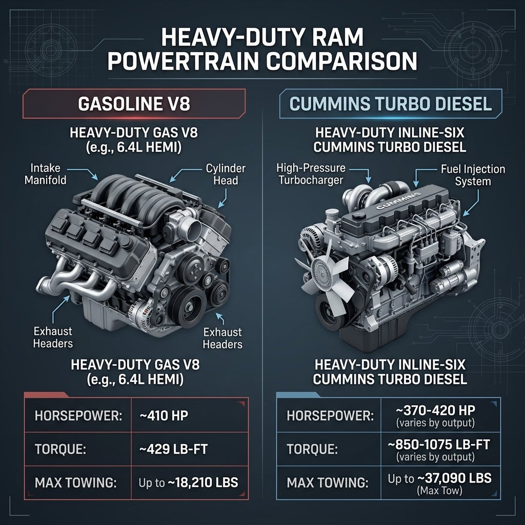 Comparison chart showing specs and engine diagrams for Heavy-Duty RAM Gasoline V8 vs Cummins Turbo Diesel. (Representative image for illustration purposes only. Actual vehicle may vary based on trim and configuration.)
