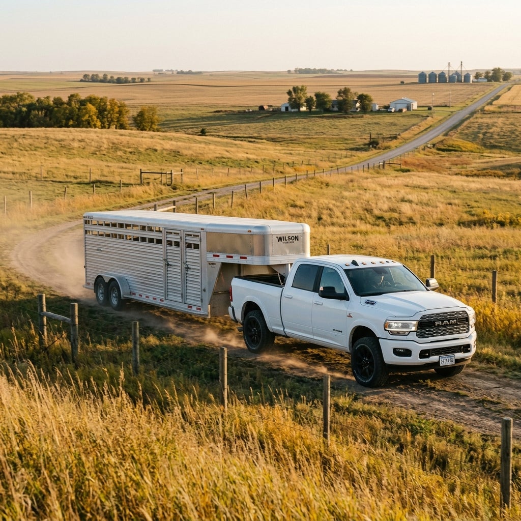White Ram pickup truck towing a silver livestock trailer down a dirt road through rural golden farmland. (Representative image for illustration purposes only. Actual vehicle may vary based on trim and configuration.)
