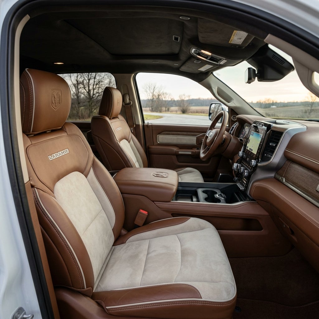 Brown and cream leather interior of a Ram Laramie truck with touchscreen dashboard and premium stitching. (Representative image for illustration purposes only. Actual vehicle may vary based on trim and configuration.)