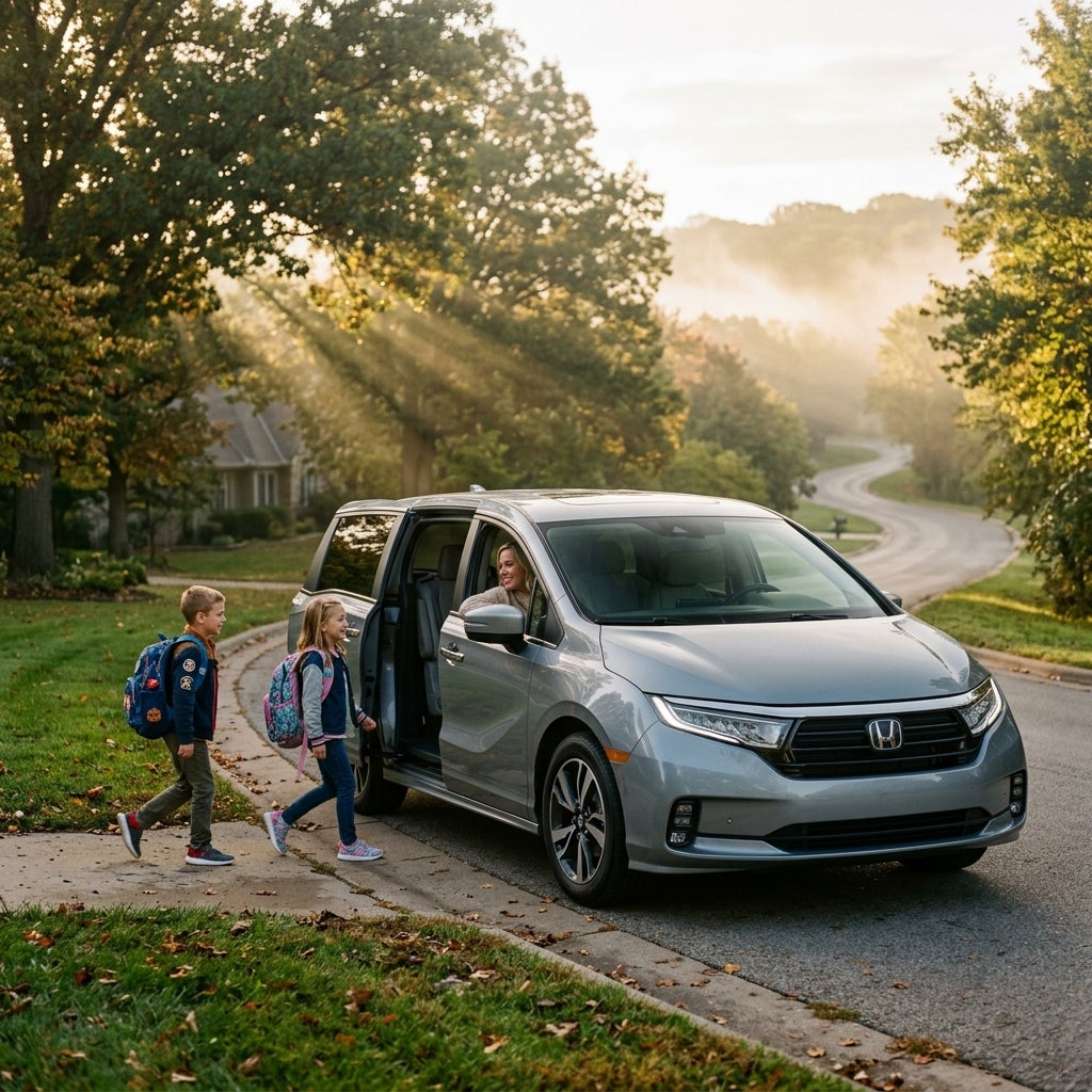 Two children with backpacks walk toward an open silver minivan driven by a smiling woman on a sunny, tree-lined street. (Representative image for illustration purposes only. Actual vehicle may vary based on trim and configuration.)