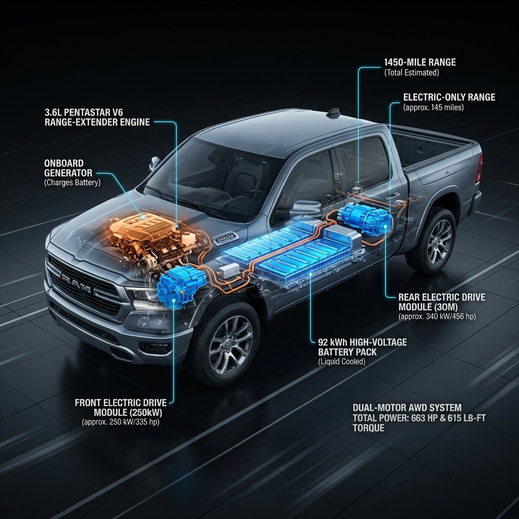 Technical cutaway of an extended-range electric pickup truck showing battery, motors, and V6 generator engine. (Representative image for illustration purposes only. Actual vehicle may vary based on trim and configuration.)