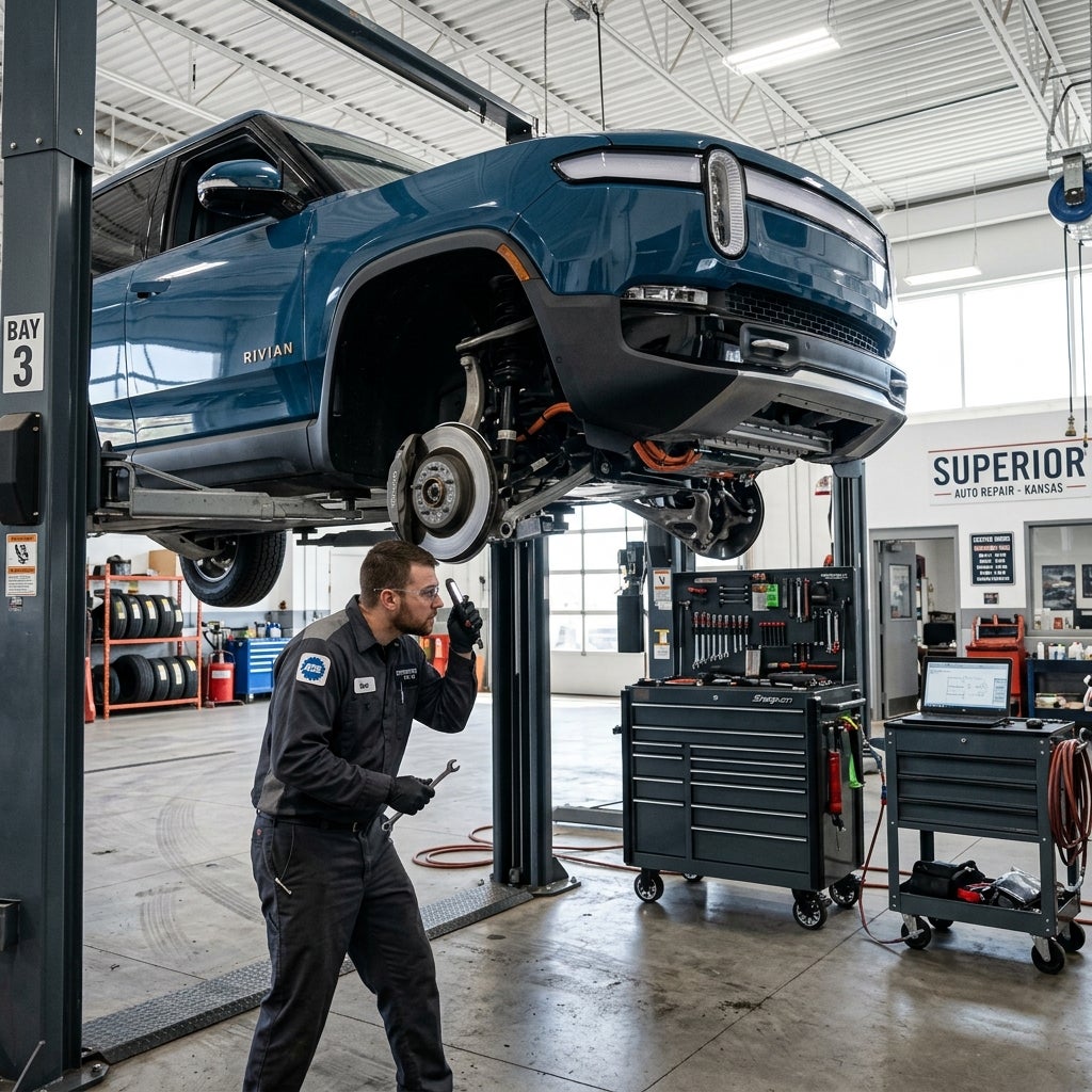 Mechanic holding a flashlight to inspect the front brake assembly of a blue Rivian electric vehicle elevated on a lift. (Representative image for illustration purposes only. Actual vehicle may vary based on trim and configuration.)