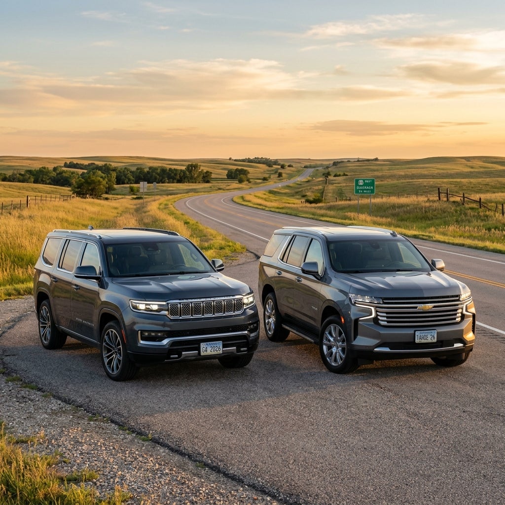 A gray Jeep Wagoneer and a gray Chevrolet Tahoe parked on a scenic rural road during sunset. (Representative image for illustration purposes only. Actual vehicle may vary based on trim and configuration.)