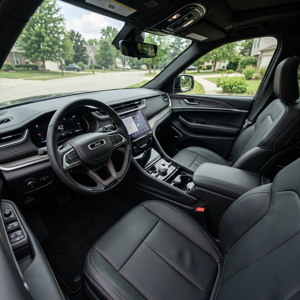 Black leather interior of a modern Jeep SUV featuring a digital dashboard, steering wheel, and central touchscreen console. (Representative image for illustration purposes only. Actual vehicle may vary based on trim and configuration.)
