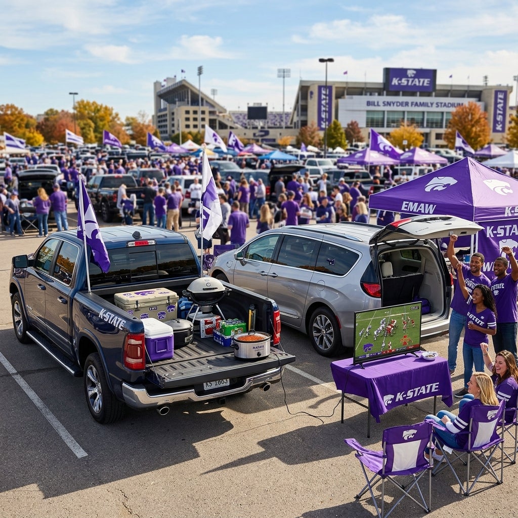 K-State fans tailgating in a parking lot outside Bill Snyder Family Stadium with trucks, grills, TV, and tents. (Representative image for illustration purposes only. Actual vehicle may vary based on trim and configuration.)