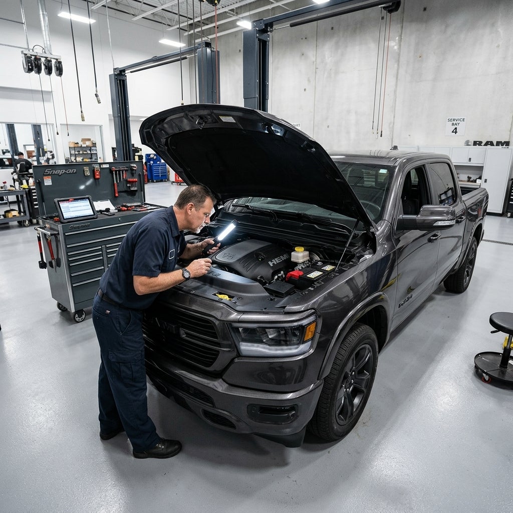 Mechanic using a light bar to inspect the engine bay of a dark gray pickup truck in an auto repair shop. (Representative image for illustration purposes only. Actual vehicle may vary based on trim and configuration.)