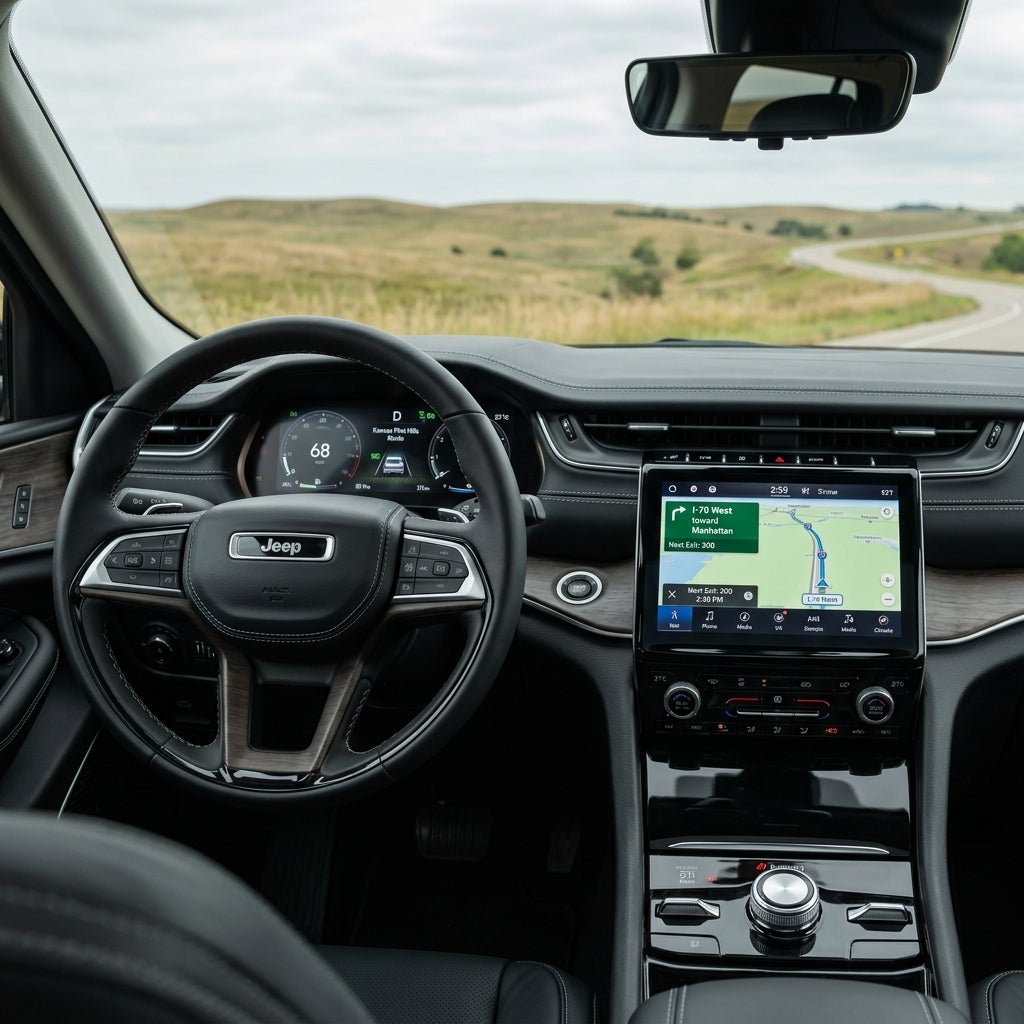 Interior view of a Jeep dashboard showing digital gauges, touchscreen navigation, and a scenic winding road ahead. (Representative image for illustration purposes only. Actual vehicle may vary based on trim and configuration.)
