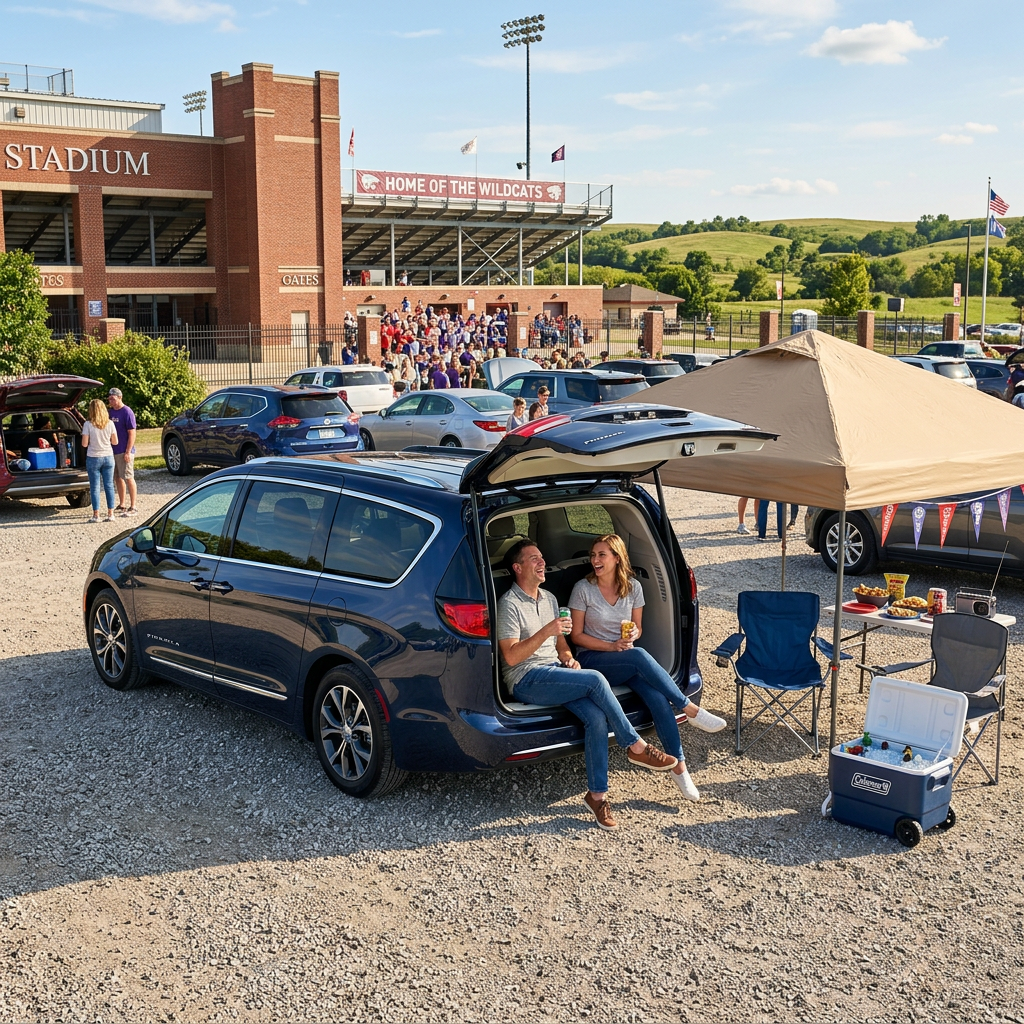 A couple tailgating in the back of a blue minivan outside a sports stadium. (Representative image for illustration purposes only. Actual vehicle may vary based on trim and configuration.)