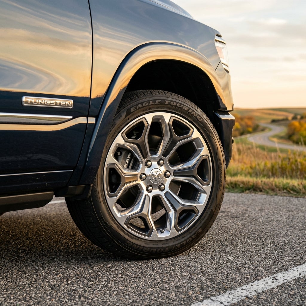 Close-up of a blue Ram Tungsten truck's front wheel and tire with a winding country road in the background. (Representative image for illustration purposes only. Actual vehicle may vary based on trim and configuration.)