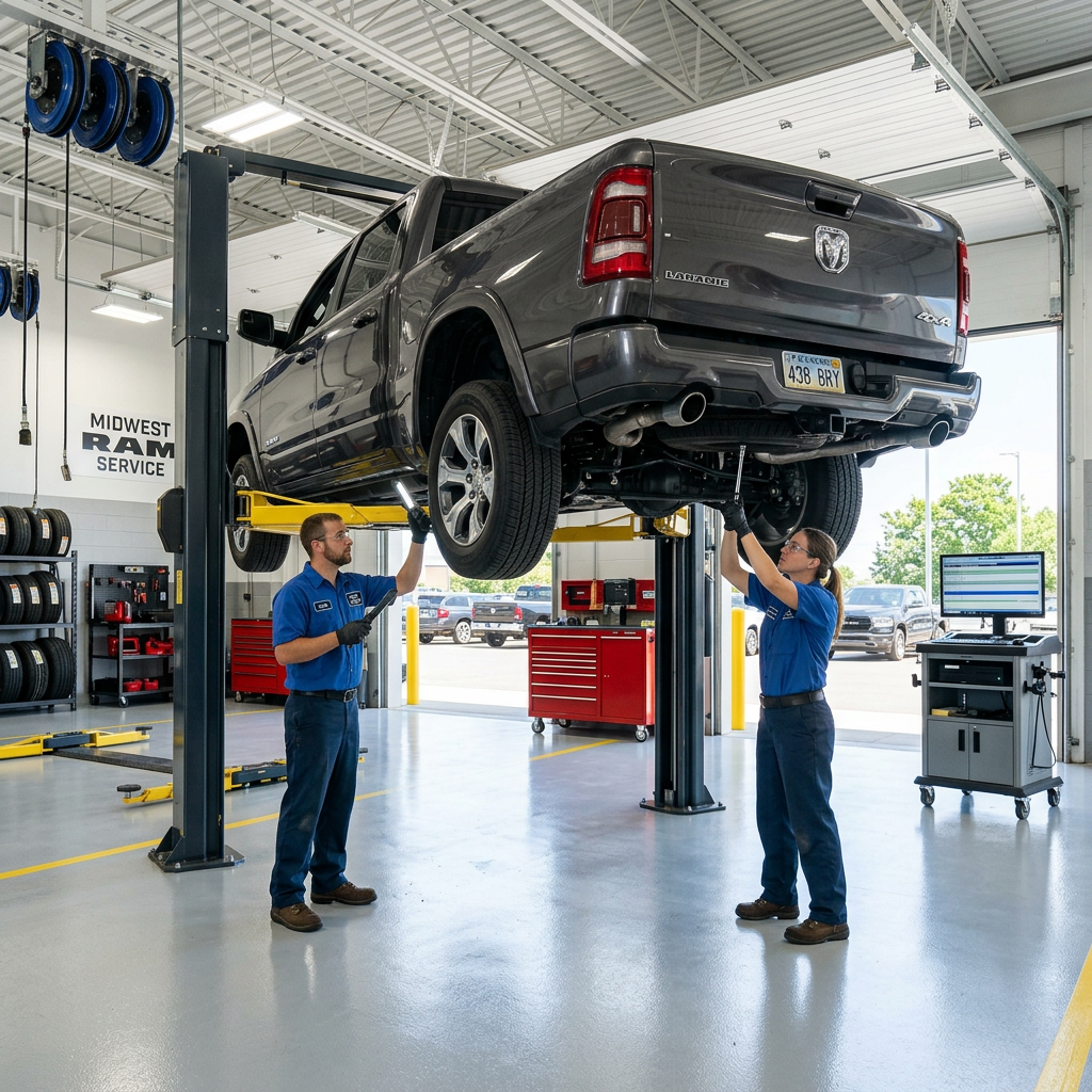Two auto mechanics inspect the undercarriage of a grey Ram truck raised on a vehicle lift in a service bay. (Representative image for illustration purposes only. Actual vehicle may vary based on trim and configuration.)
