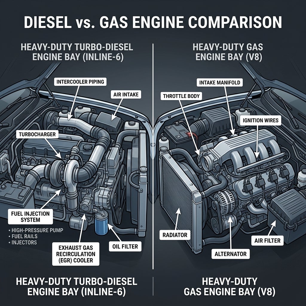 Diagram comparing an inline-6 turbo-diesel engine bay and a V8 gas engine bay with key mechanical components labeled. (Representative image for illustration purposes only. Actual vehicle may vary based on trim and configuration.)