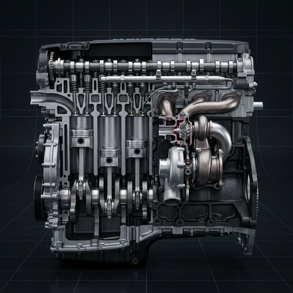 Detailed 3D cutaway visualization of an inline turbocharged engine showing pistons, crankshaft, and turbocharger. (Representative image for illustration purposes only. Actual vehicle may vary based on trim and configuration.)