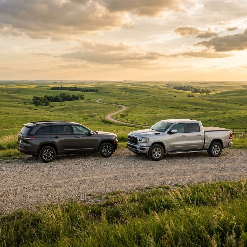 A dark gray SUV and a silver pickup truck parked on a gravel path overlooking rolling green hills at sunset. (Representative image for illustration purposes only. Actual vehicle may vary based on trim and configuration.)