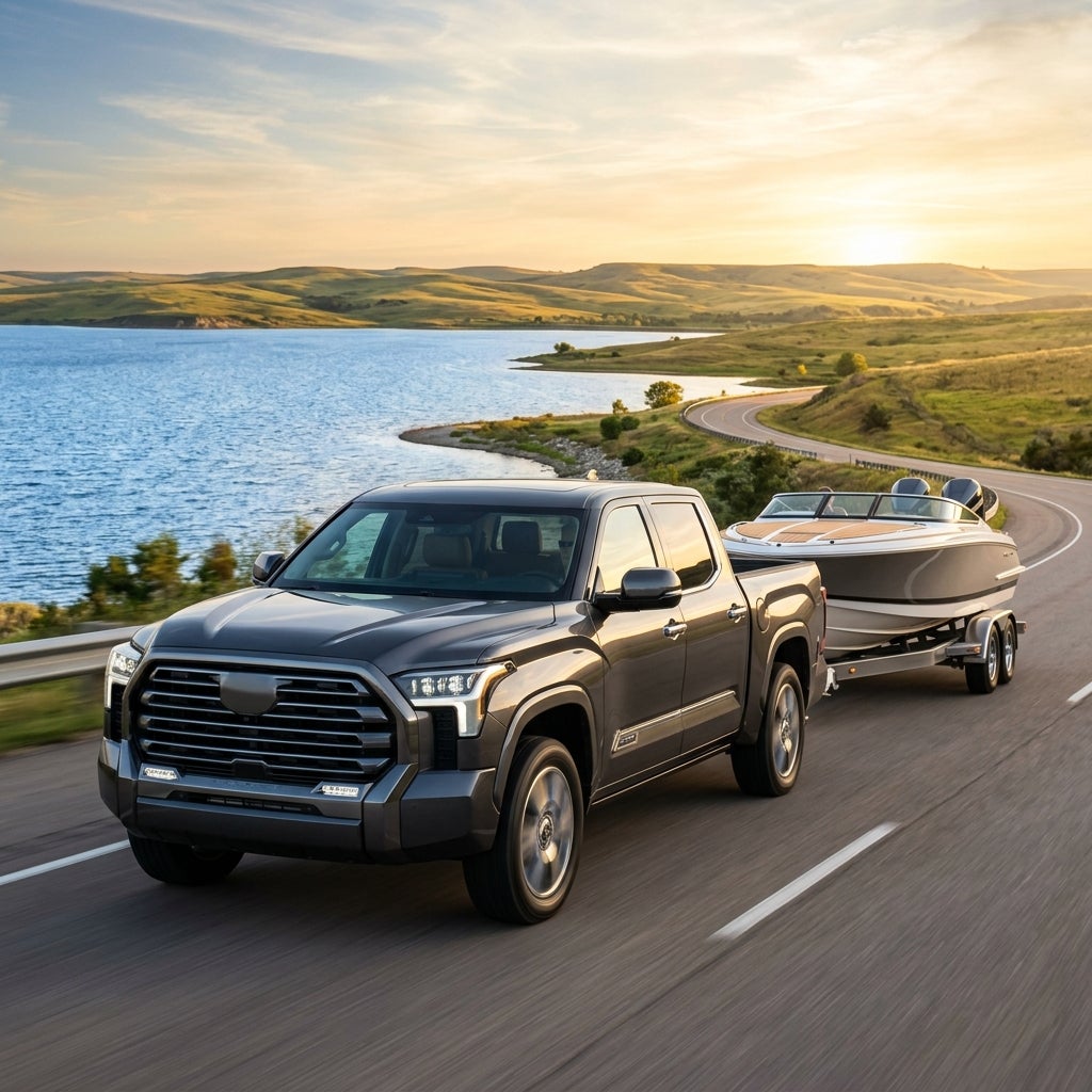 A dark grey pickup truck towing a boat on a trailer along a scenic lakeside road during sunset. (Representative image for illustration purposes only. Actual vehicle may vary based on trim and configuration.)