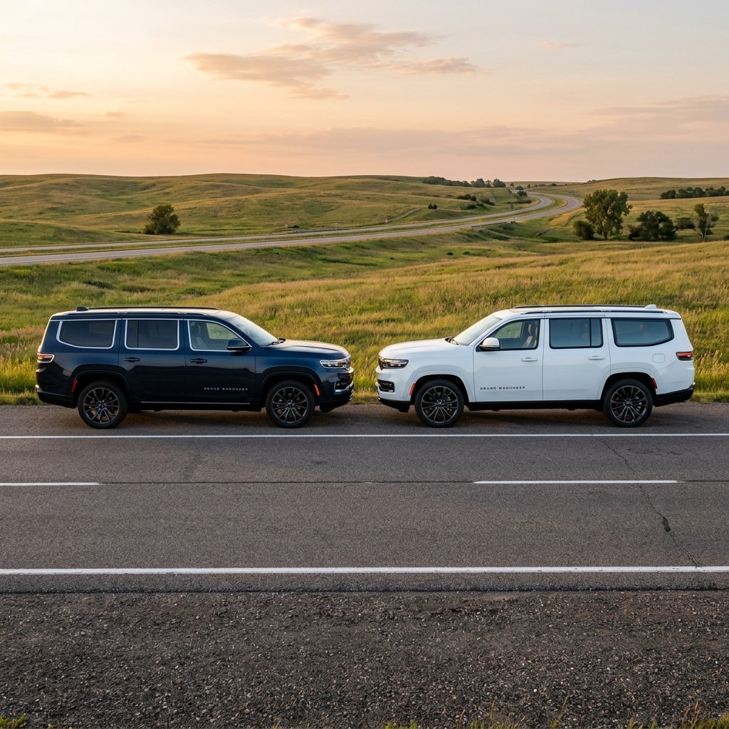 Dark blue and white Jeep Grand Wagoneer SUVs parked bumper to bumper along a rural road at sunset. (Representative image for illustration purposes only. Actual vehicle may vary based on trim and configuration.)