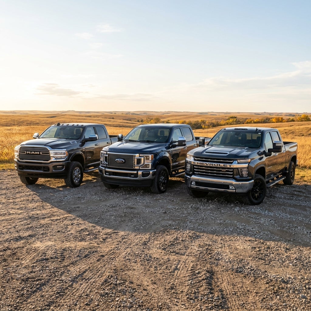 Three dark Ram, Ford, and Chevrolet heavy-duty pickup trucks parked side-by-side on gravel near grassy hills. (Representative image for illustration purposes only. Actual vehicle may vary based on trim and configuration.)