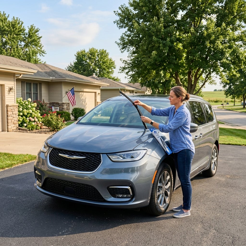 Woman replacing a windshield wiper blade on a grey Chrysler Pacifica minivan parked in a suburban driveway. (Representative image for illustration purposes only. Actual vehicle may vary based on trim and configuration.)