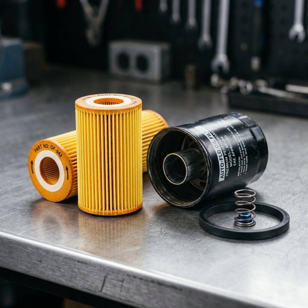 Yellow oil filter cartridges, black filter housing, spring, and rubber seal ring resting on a metal workshop table. (Representative image for illustration purposes only. Actual vehicle may vary based on trim and configuration.)