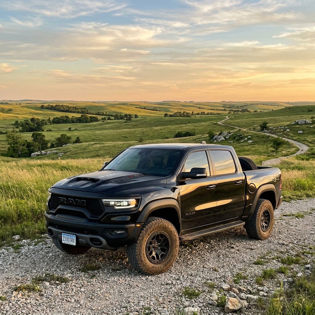 A black Ram 1500 TRX pickup truck parked on a gravel path amidst rolling green hills at sunset. (Representative image for illustration purposes only. Actual vehicle may vary based on trim and configuration.)