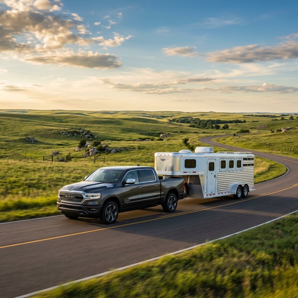 A dark grey Ram pickup truck towing a silver gooseneck horse trailer along a winding road through green rolling hills. (Representative image for illustration purposes only. Actual vehicle may vary based on trim and configuration.)