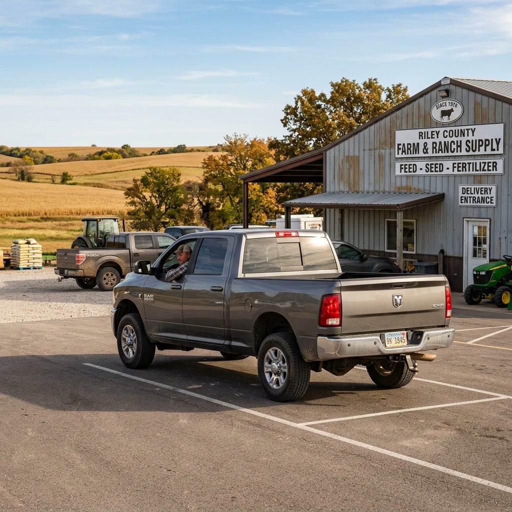 A grey pickup truck driving past a rural farm supply store with rolling hills in the background. (Representative image for illustration purposes only. Actual vehicle may vary based on trim and configuration.)