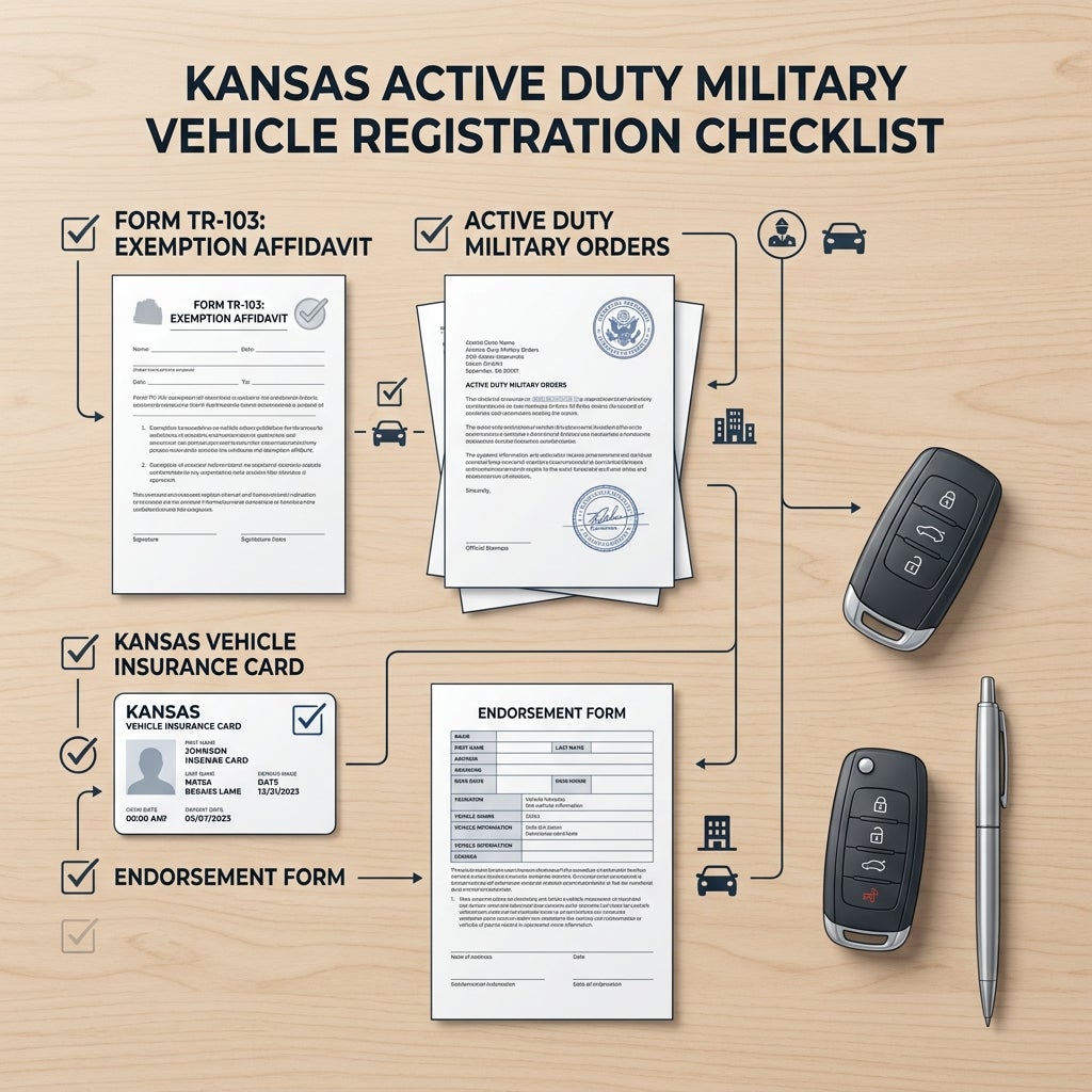 Checklist for Kansas active duty military vehicle registration featuring required forms, key fobs, and a pen. (Representative image for illustration purposes only. Actual vehicle may vary based on trim and configuration.)