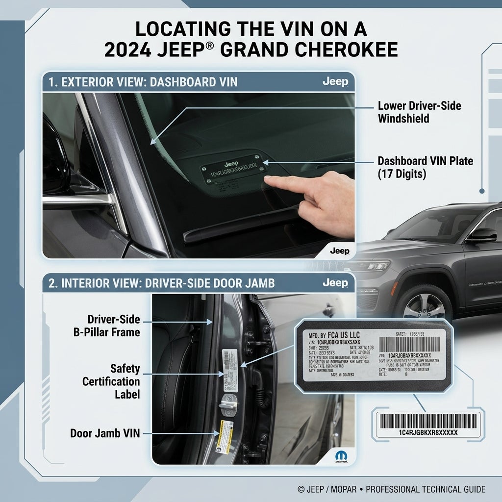 Infographic showing how to locate the 17-digit VIN on a 2024 Jeep Grand Cherokee dashboard and door jamb. (Representative image for illustration purposes only. Actual vehicle may vary based on trim and configuration.)