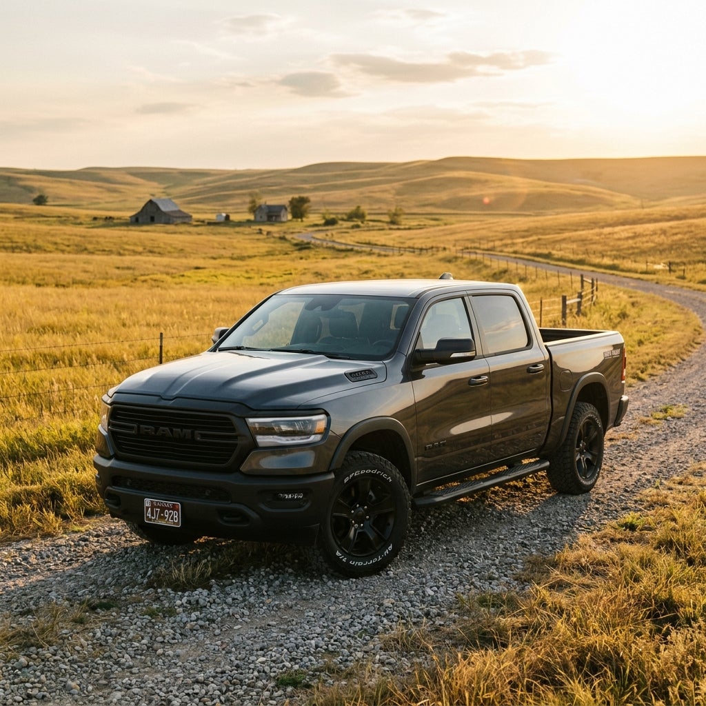 Dark grey Ram pickup truck parked on a rural gravel road passing through golden rolling hills at sunset. (Representative image for illustration purposes only. Actual vehicle may vary based on trim and configuration.)