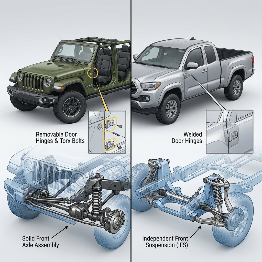 Diagram comparing removable door hinges and solid front axle on a Jeep to welded hinges and IFS on a truck. (Representative image for illustration purposes only. Actual vehicle may vary based on trim and configuration.)