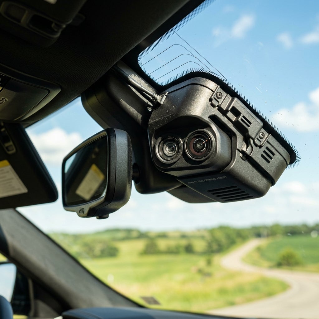 Dual-camera sensor array mounted on a car windshield next to the rearview mirror, overlooking a winding rural road. (Representative image for illustration purposes only. Actual vehicle may vary based on trim and configuration.)