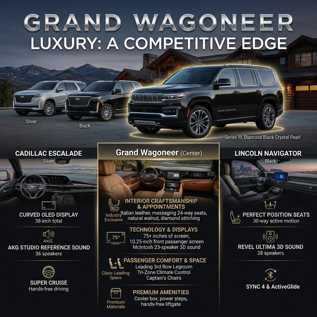 Infographic comparing the Grand Wagoneer SUV features against the Cadillac Escalade and Lincoln Navigator. (Representative image for illustration purposes only. Actual vehicle may vary based on trim and configuration.)