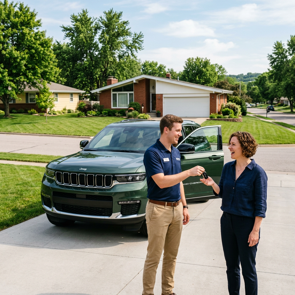 A man in a polo shirt hands car keys to a smiling woman next to a green SUV in a suburban driveway. (Representative image for illustration purposes only. Actual vehicle may vary based on trim and configuration.)