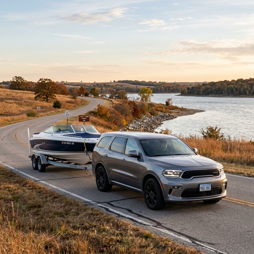 A grey Dodge Durango SUV towing a blue and white boat on a trailer along a scenic lakeside road during autumn. (Representative image for illustration purposes only. Actual vehicle may vary based on trim and configuration.)
