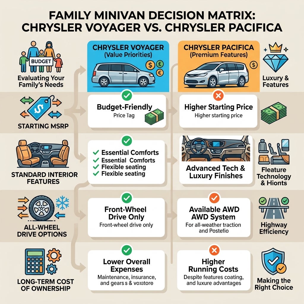 Decision matrix comparing Chrysler Voyager and Pacifica on price, interior features, AWD options, and ownership costs. (Representative image for illustration purposes only. Actual vehicle may vary based on trim and configuration.)