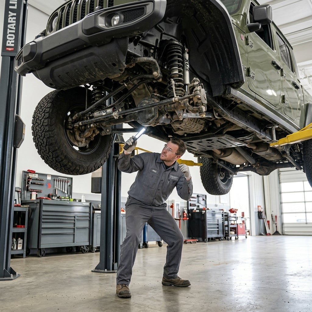 A mechanic in grey overalls uses a work light to inspect the undercarriage of a green Jeep raised on a lift. (Representative image for illustration purposes only. Actual vehicle may vary based on trim and configuration.)