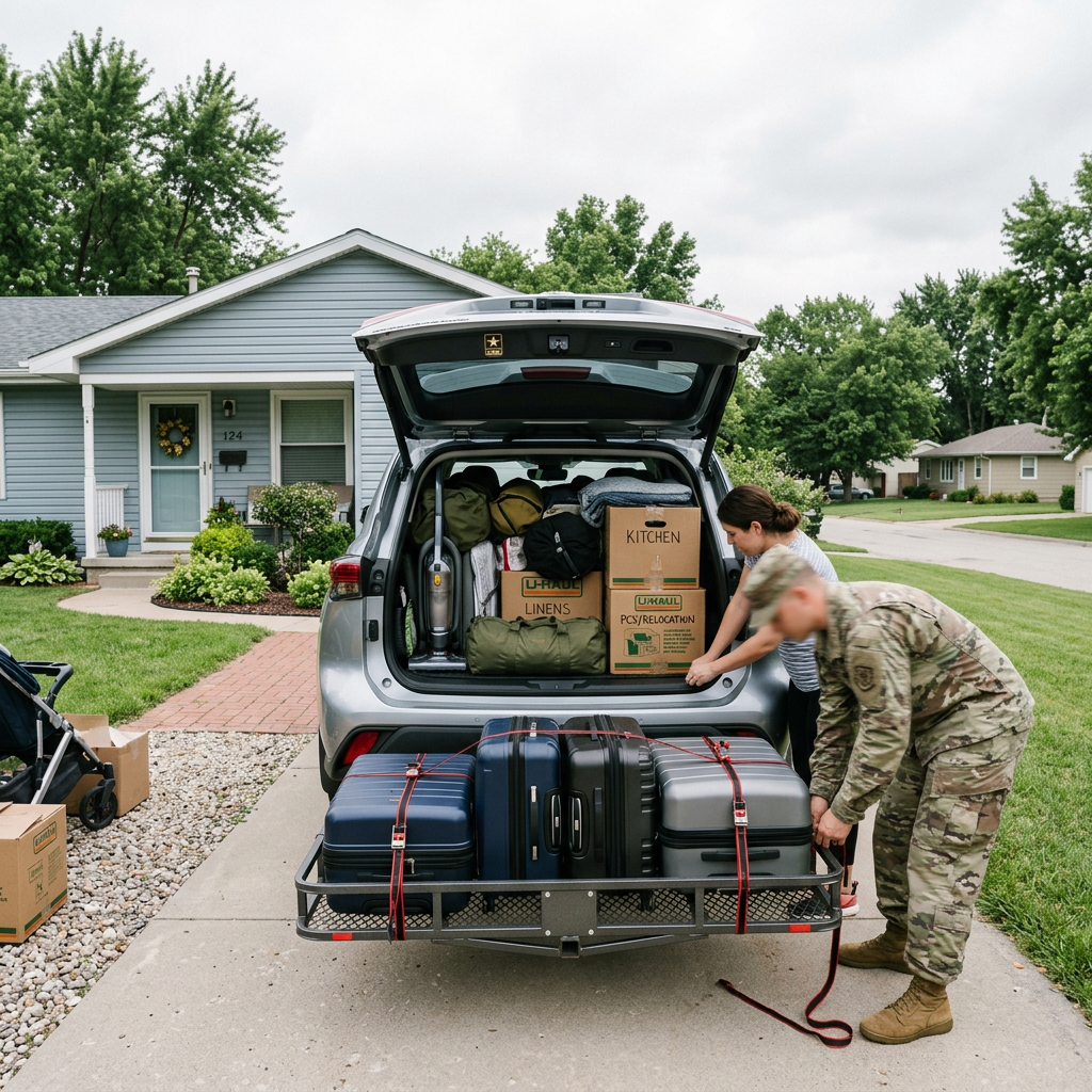 A service member and a woman packing suitcases and boxes into a silver SUV in a suburban driveway. (Representative image for illustration purposes only. Actual vehicle may vary based on trim and configuration.)
