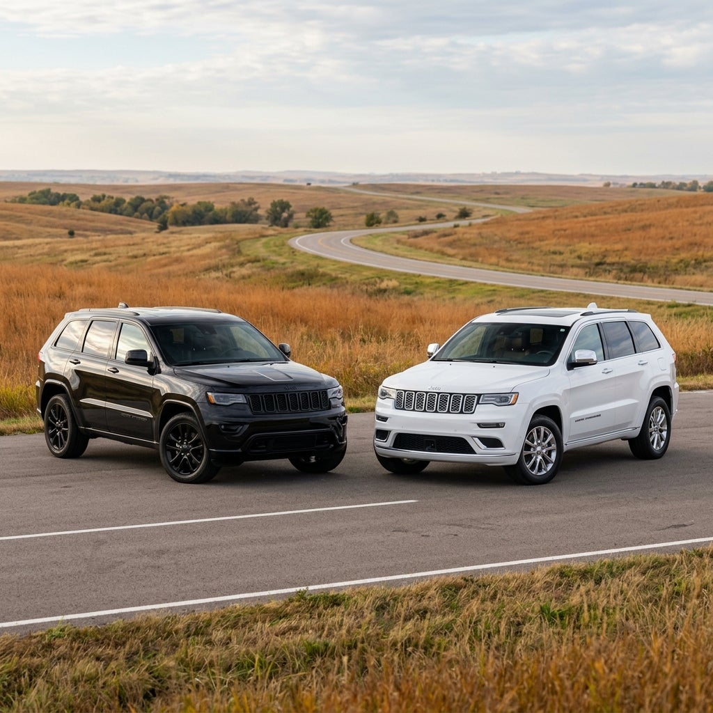 A black Jeep Grand Cherokee and a white Jeep Grand Cherokee parked side by side on a paved rural road. (Representative image for illustration purposes only. Actual vehicle may vary based on trim and configuration.)