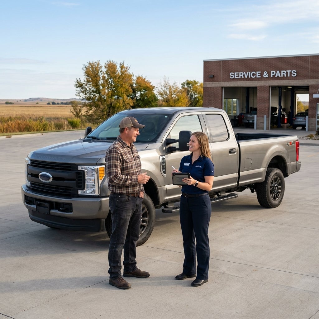 A service advisor with a tablet greets a truck owner in front of a Ford pickup outside a Service & Parts center. (Representative image for illustration purposes only. Actual vehicle may vary based on trim and configuration.)