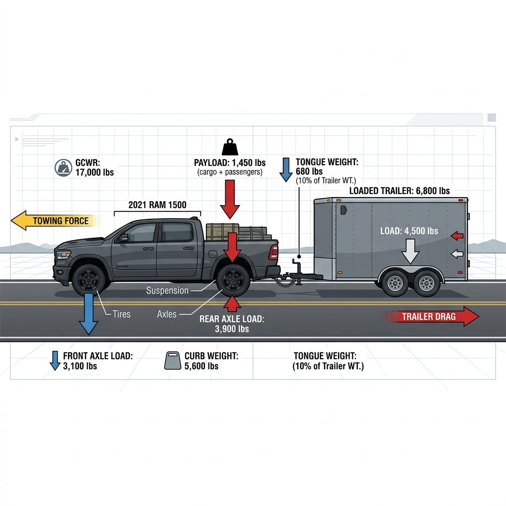 Diagram illustrating weight limits, payload, axle loads, and tongue weight for a 2021 RAM 1500 towing a trailer. (Representative image for illustration purposes only. Actual vehicle may vary based on trim and configuration.)