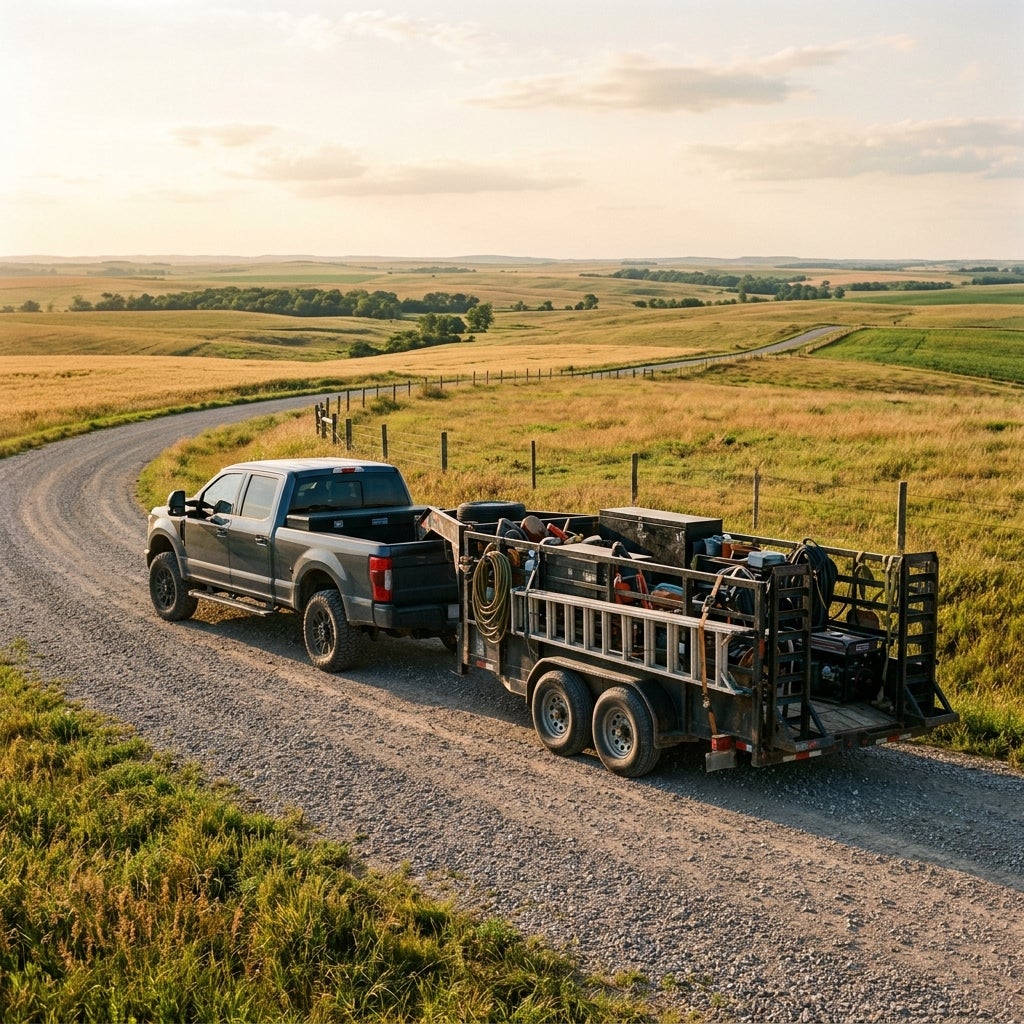 A grey pickup truck hauls a fully loaded utility trailer along a dirt road through rolling countryside hills. (Representative image for illustration purposes only. Actual vehicle may vary based on trim and configuration.)