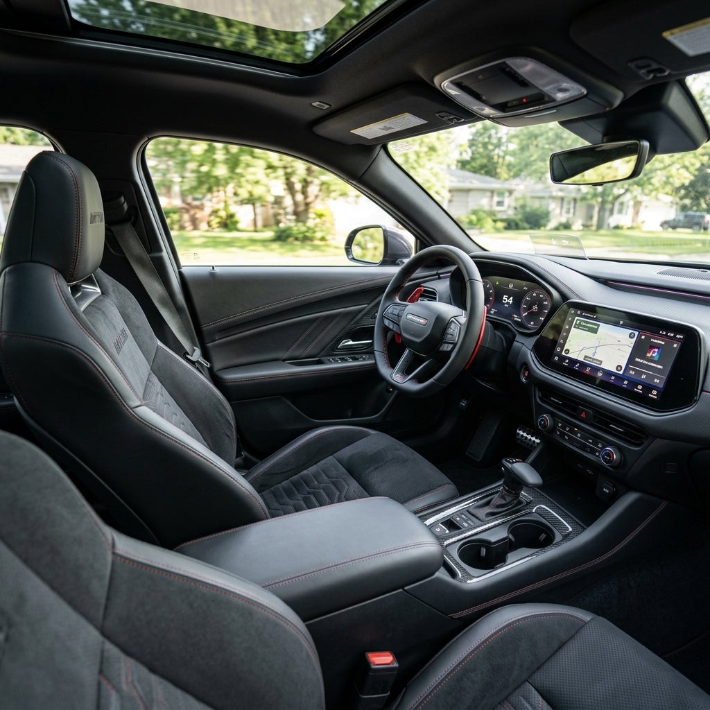 Sporty black leather car interior with red contrast stitching, a digital dashboard, and infotainment screen. (Representative image for illustration purposes only. Actual vehicle may vary based on trim and configuration.)