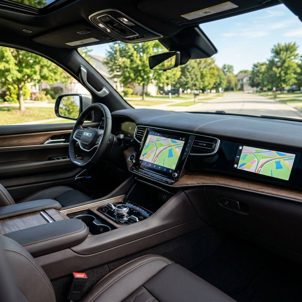 Interior of a luxury SUV featuring dark brown leather seats, wood trim, and dual touchscreen navigation displays. (Representative image for illustration purposes only. Actual vehicle may vary based on trim and configuration.)