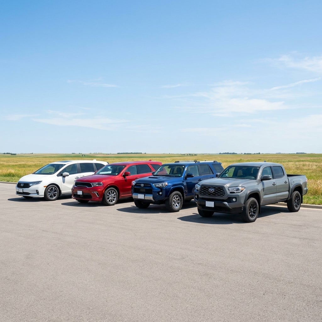 Four vehicles—a white minivan, red SUV, blue SUV, and grey pickup truck—lined up on asphalt under a blue sky. (Representative image for illustration purposes only. Actual vehicle may vary based on trim and configuration.)