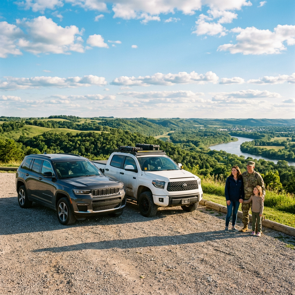 Family with two vehicles overlooking scenic river and hills under blue sky. (Representative image for illustration purposes only. Actual vehicle may vary based on trim and configuration.)